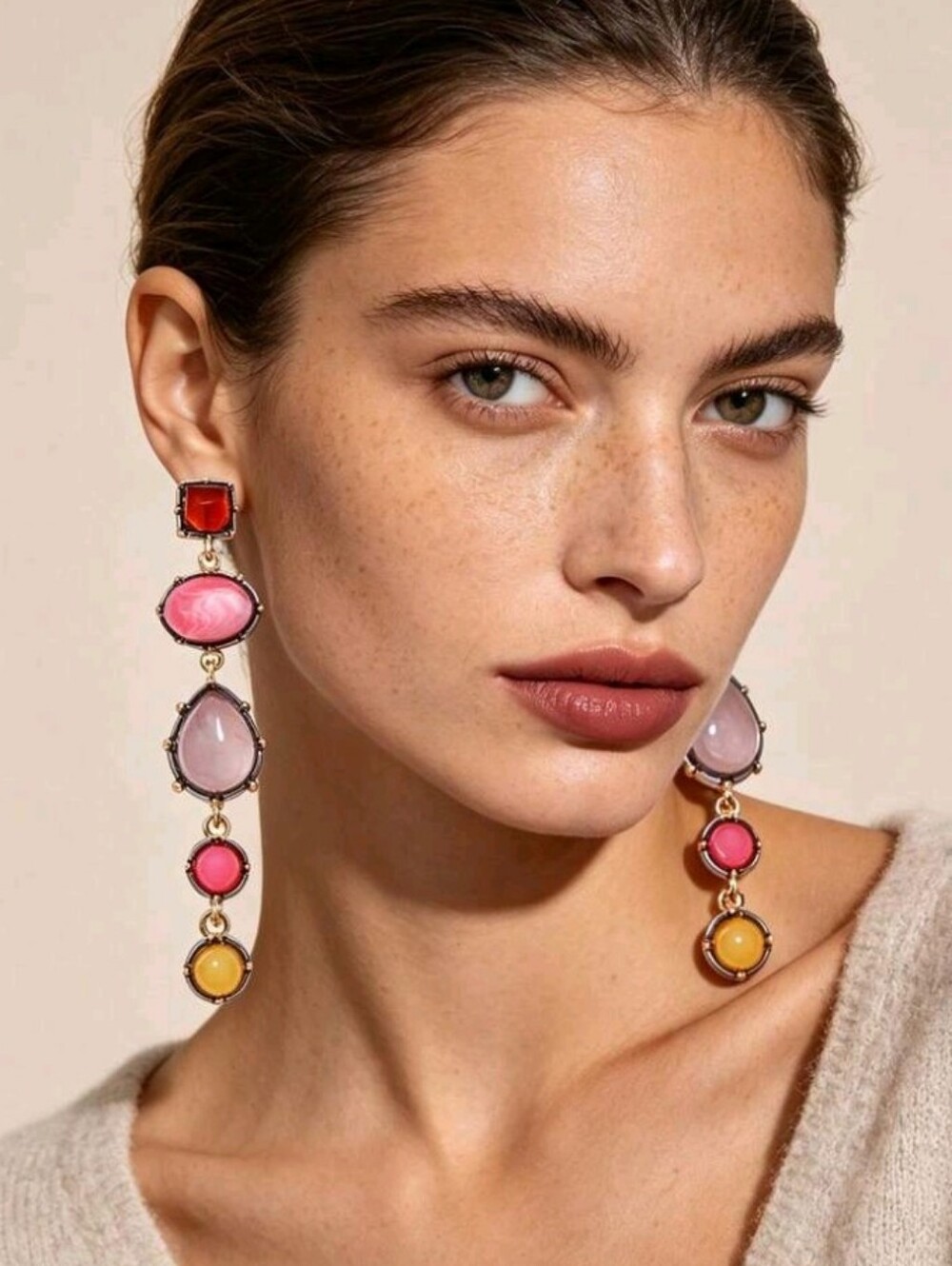 NEW! Stunning Multicolor Linear Drop Stone Dangle Earrings - Pink, Red & Yellow